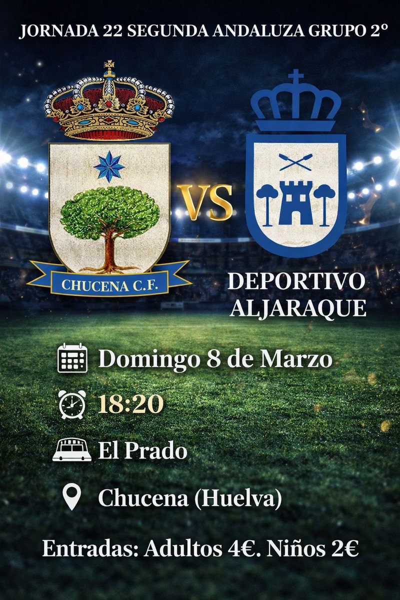 Horario de la 22º Jornada en Segunda Andaluza Huelva Grupo 2º:  
⚽️ Chucena c f 🆚 Deporte Aljaraque 
📅 Domingo 8 de Marzo 
⏰ 18:20
🏟 El Prado 
🛣 Chucena (Huelva)
🎫 Adulto 4€ Niños 2€