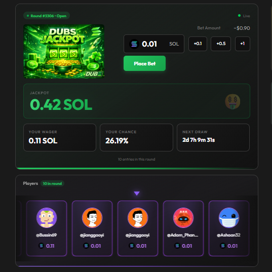 0.01 SOL and a DREAM! 🤞

Dubs Jackpot is building, are you in?