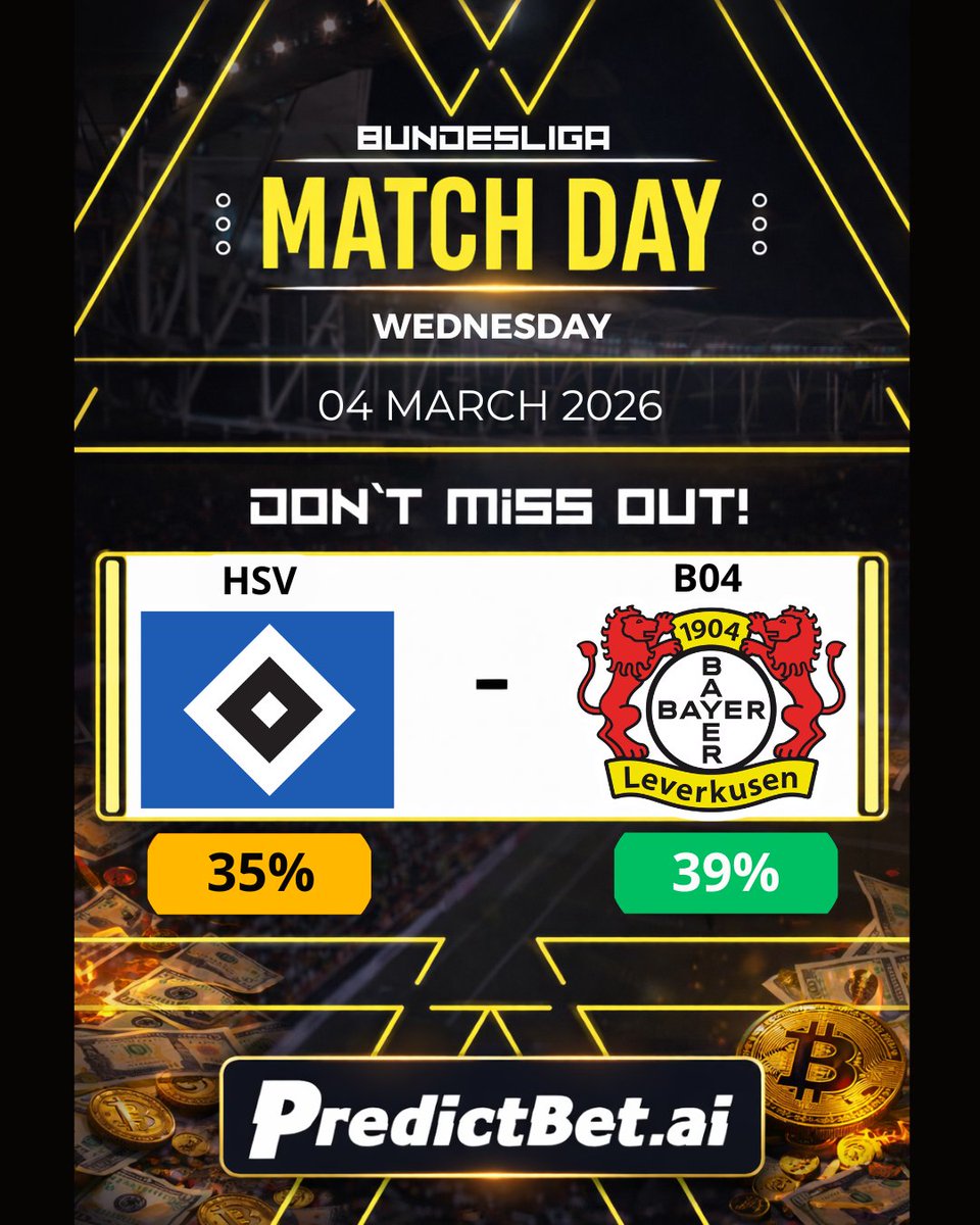 PredictBetAI's tweet photo. 🔥 BUNDESLIGA PREDICTION🔥
📅 Matchday Pick
🇩🇪 ⚽️Hamburger SV vs Bayer Leverkusen⚽️
https://t.co/0BZlsgSVQF

📊 Match Probabilities
Home — 35%
Draw — 24%
Away — 39%

🔥 MAIN PICK
Bayer Leverkusen to Win

📊 Key AI Insights

⚽ First Team to Score
➡️ Bayer Leverkusen — 51%

⚽ Both Teams To Score
➡️ YES — 57%

⚽ Total Goals
➡️ Over 2.5 — 55%

⚽ Corners
➡️ Over 7 Corners — 71%

🎯 Correct Score Prediction
1–2 to Bayer Leverkusen

📊 Data-Driven Predictions
⚡ AI Football Analytics
🎯 Smarter Betting Decisions
https://t.co/MY4uFA5oo5

#Bundesliga #FootballPredictions #SoccerPredictions #BettingTips #SportsBetting #BetSmart #ValueBet #FootballTips #SoccerBetting #Matchday #BayerLeverkusen #HamburgSV
