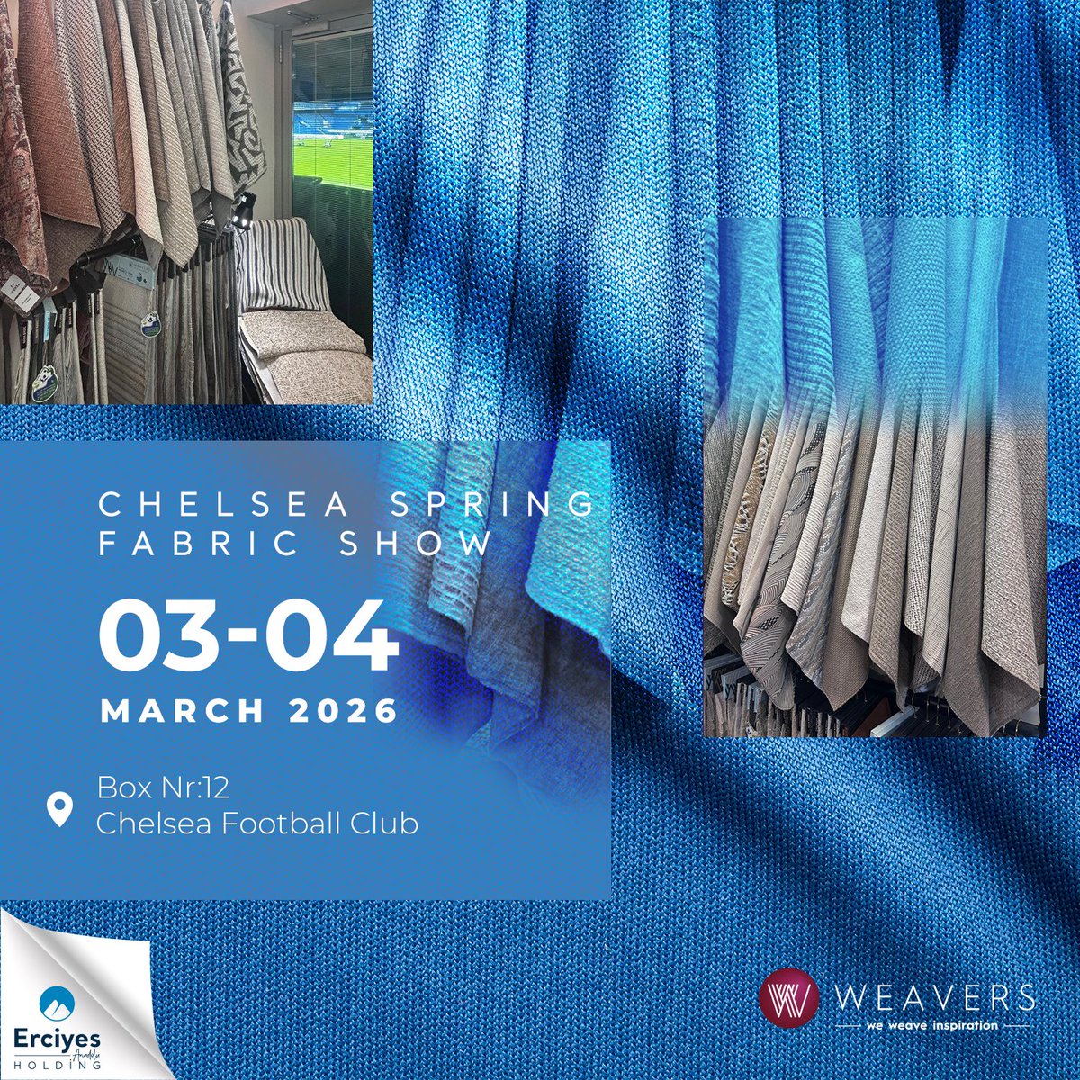 Weavers_Fabrics's tweet image. Amazing day at Chelsea Spring Fabric Show!
Visit our booth today. 

🗓️ 3 - 4 March 2026
📍 Chelsea Football Club, Box Nr: 12 

#Weavers #fabrics #SpringFabricShow #upholstery #upholsteryfabrics