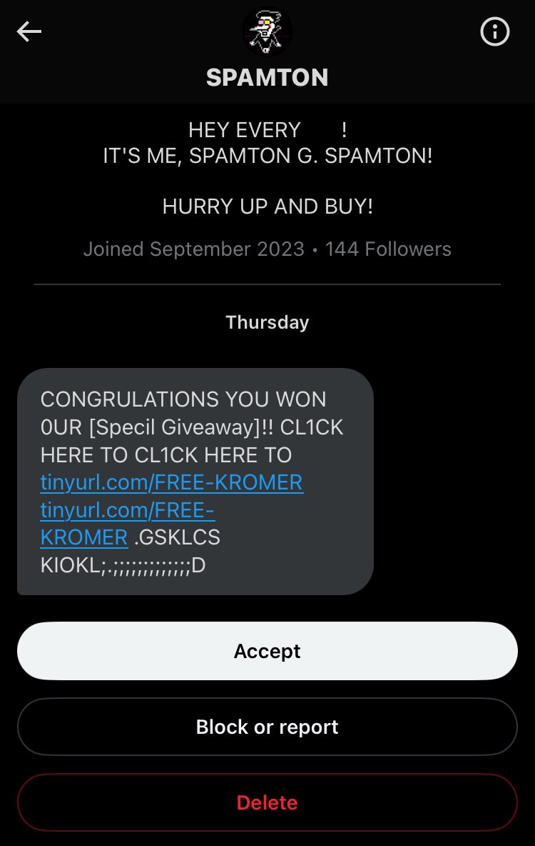 apparently spamton g spamton dm’d me a VERY suspicious link and ID BE LYING if i said i DIDNT wanna find out what it is…….