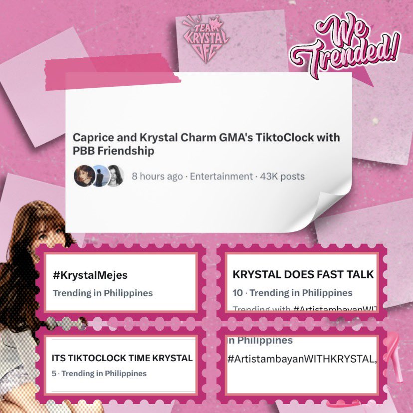 Another busy day for us and Krystal, Talians!

From our timeline to entertainment news — THREE taglines from Krystal’s three events trended today! Not to mention her default hashtag, #KrystalMejes, was also trending!

Good job, Talians!🩷

<a href="/krystamejesz/">Krystal Mejes</a>