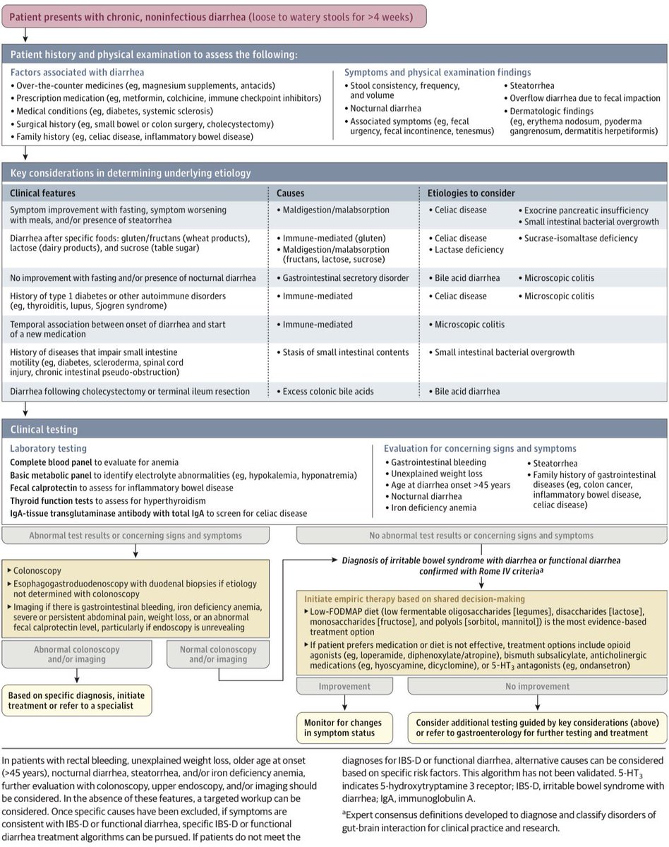 AmbrizMau's tweet photo. Elementos de la historia clínica que ayudan a determinar la etiología subyacente de la diarrea crónica no infecciosa y algoritmo para su diagnóstico:

JAMA 2026; DOI: 10.1001/jama.2026.0872 https://t.co/0bh2tTEdPO