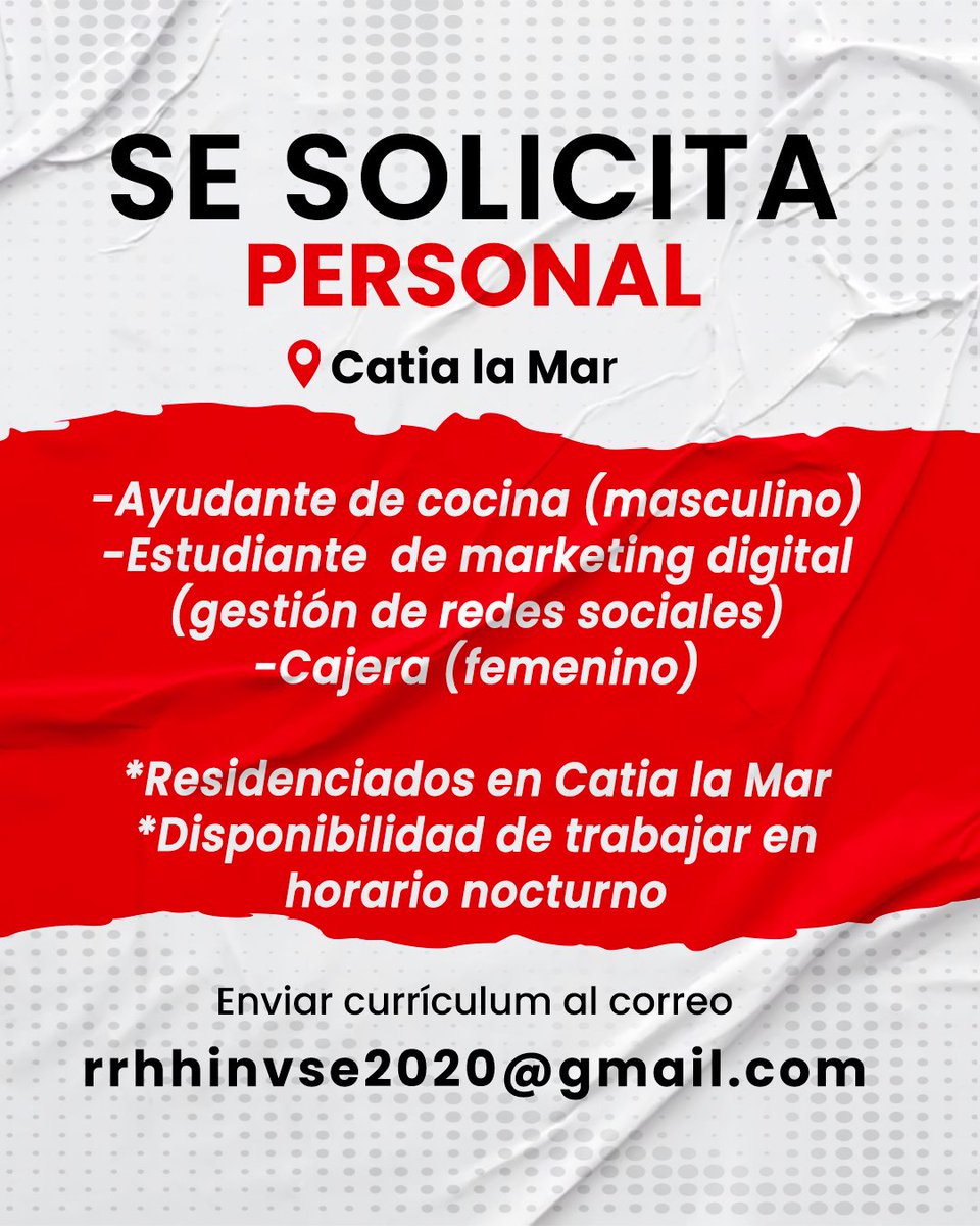 LaVerdadVargas's tweet image. ¡Únete a la familia de Sabor Express! Estamos en la búsqueda de personal motivado para las áreas de cocina, caja y redes sociales en Catia la Mar.
📩 Interesados enviar CV actualizado a: rrhhinvse2020@gmail.com
#vargas2026 #empleos #empleoslaguaira #laguaira #catialamar