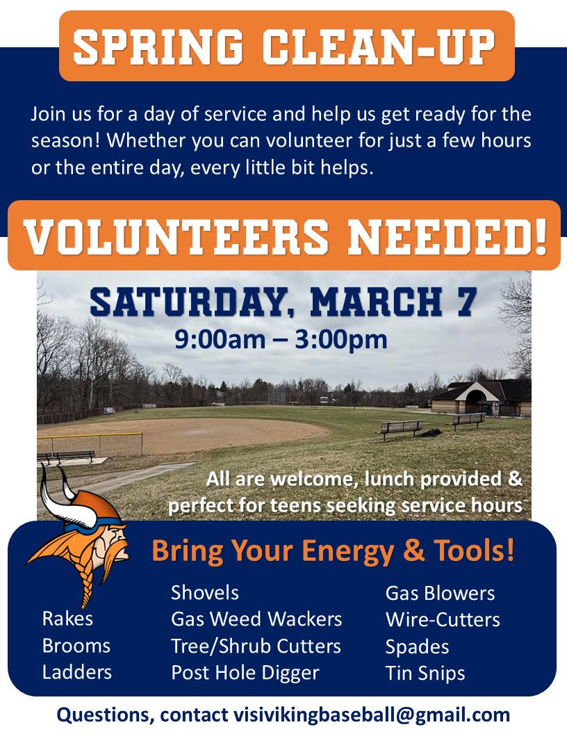 🌿🧹 SPRING CLEAN-UP THIS SATURDAY!
It may be a little soggy, but there’s still PLENTY we can do— join us for the day or even just a few hours. Every little bit helps!
✔️ Clean out the garage
✔️ Install foul poles
✔️ Install home plates
✔️ Clean up &amp; stock concessions
💙⚾🧡🌷🥎