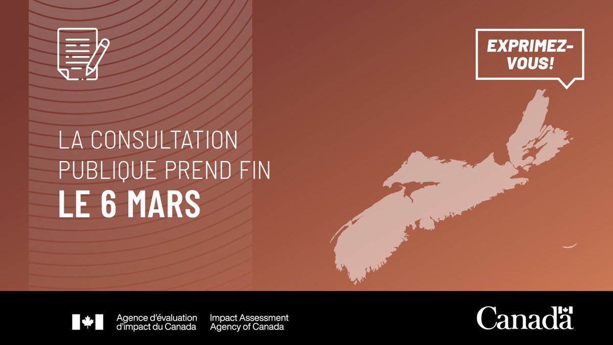 aeic_iaac's tweet image. ⏰ Dernière chance : exprimez-vous!

📆 Vous avez jusqu’au 6 mars pour vos commentaires sur l’entente de collaboration provisoire entre les gouvernements de la Nouvelle-Écosse et du Canada.

🗣️Nous voulons votre avis!
parlonsevaluationdimpact.ca/entente-de-col…

#ÉvaluationImpact
