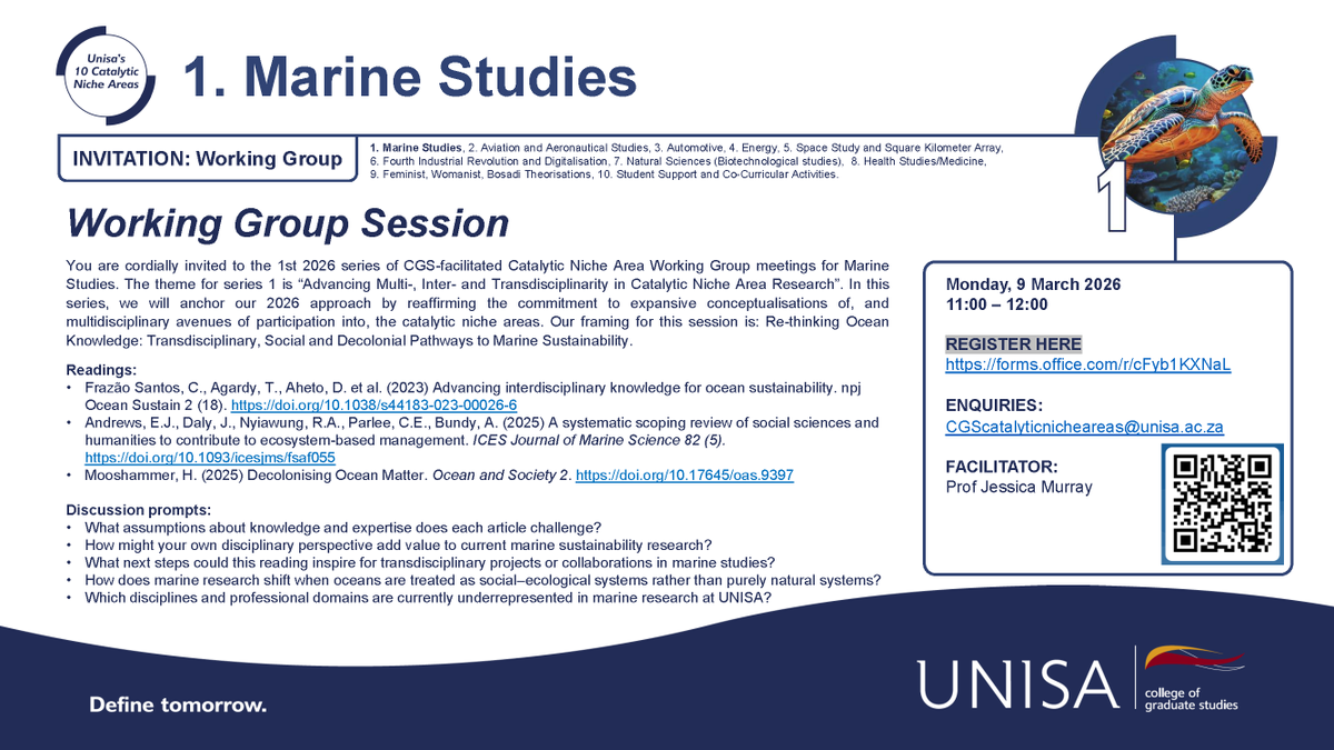 UnisaMidRegion's tweet photo. Invitation to Working Group Session: Marine studies.

Date: 9 March 2026
Time:11:00-12:00
Venue: Online 
Register here: https://t.co/P0iYjYJZZN https://t.co/2OgM6i9zQI