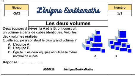 DefiEurekaMaths's tweet photo. Pour la #semainedesmathématiques 2026,
l'#énigme #EurêkaMaths revient chaque jour pour les élèves de #CM2. 
Aujourd'hui, l'#énigme n°1/5 : les 2 volumes.
Avec @Defieurekamaths, on s'entraide et on réussit ! Inscrivez-vous vite à #EurêkaMaths 2026, déjà + de 40000 élèves https://t.co/kkeFHz4BB9