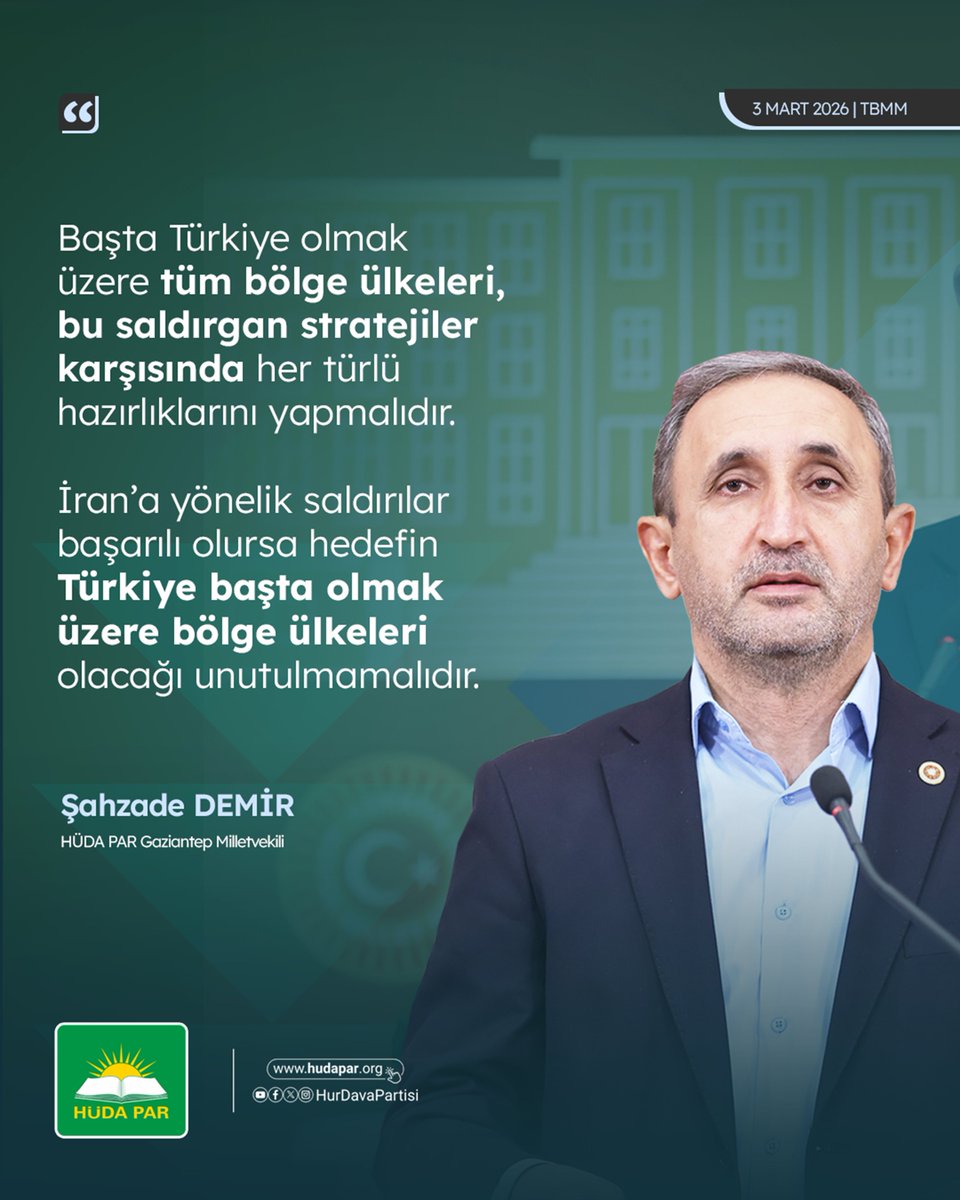 Gaziantep Milletvekilimiz Şahzade Demir:

Başta Türkiye olmak üzere tüm bölge ülkeleri, bu saldırgan stratejiler karşısında her türlü hazırlıklarını yapmalıdır.

İran’a yönelik saldırılar başarılı olursa hedefin Türkiye başta olmak üzere bölge ülkeleri olacağı unutulmamalıdır.