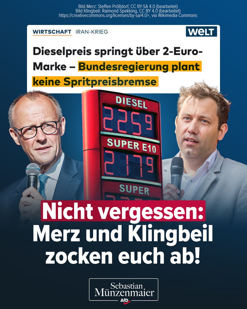 ❗️ Nicht vergessen!

Die schwarz-rote Regierung könnte sofort die CO2-Steuer abschaffen, die Energiesteuer runter und die Mehrwertsteuer senken. 

Will sie aber nicht. Wir schon!

TM