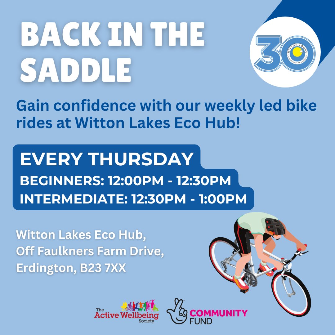 wittonlodge's tweet photo. Join us every Thursday for Back in the Saddle! 🚴‍♀️✨ 

Led bike group for beginners &amp; intermediates – build confidence, make friends, develop skills. Everyone welcome!

📍 Eco Hub, B23 7XX
🕛 Beginners: 12:00pm - 12:30pm | Intermediate: 12:30pm - 1:00pm

#CommunityFun #Erdington https://t.co/sj2nivUOwH