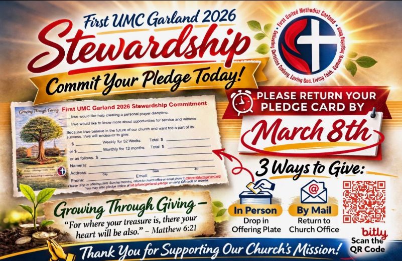 1stGarland's tweet photo. First WEEK - Growing Through Giving 2026 Stewardship Campaign concludes in worship this Third Sunday in Lent, 10:50am as First UMC Garland presents pledge cards for consecration. Rev. Dr. Ron D. Henderson brings the message, based on Joshua 3:5 NKJV. https://t.co/YBXzbwaXYf https://t.co/QFExbRfaCw