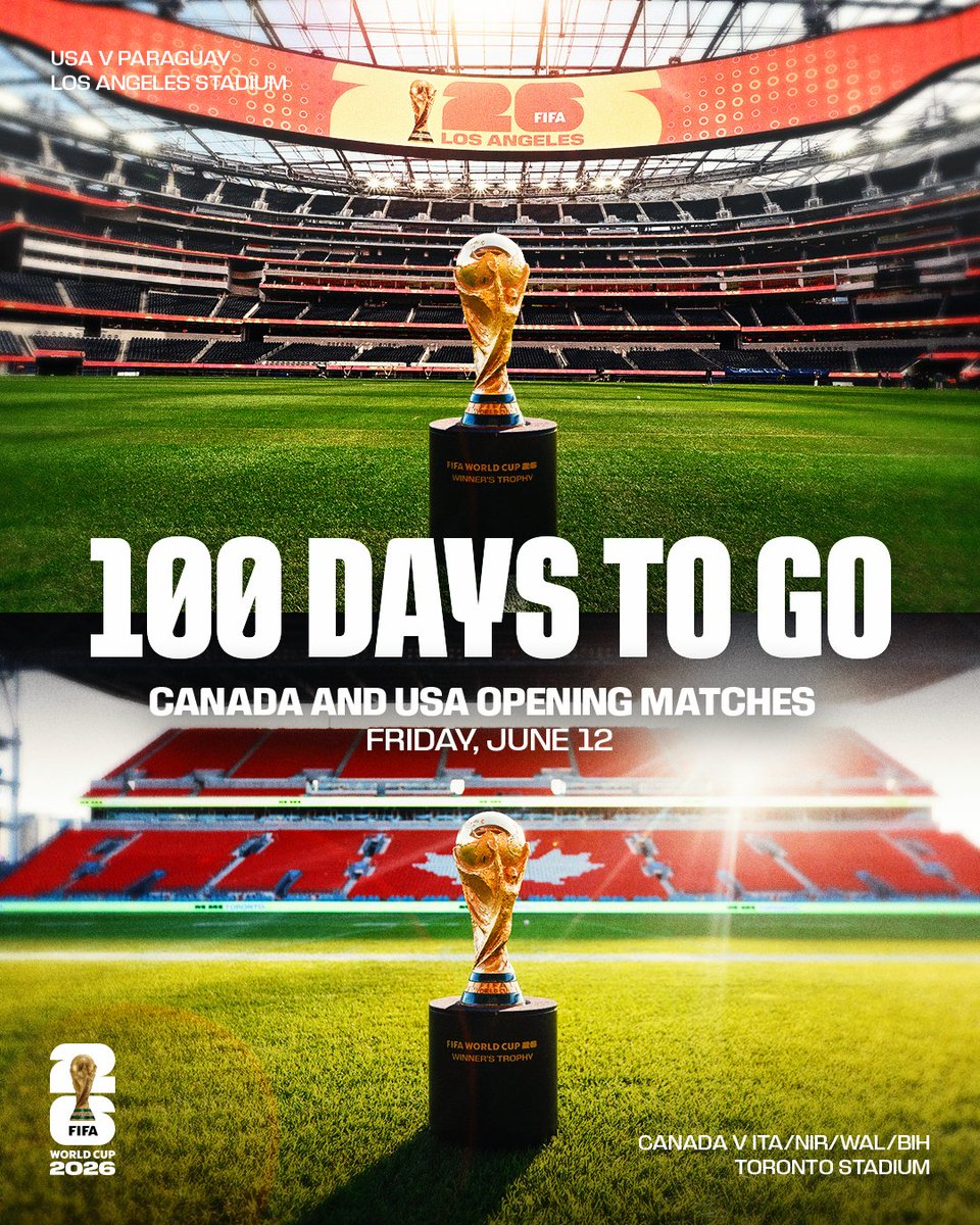 100 days to go until the opening matches in Toronto and Los Angeles! 🏟️  

After Mexico City kicks off the party on June 11, it's Canada and USA's turn on June 12! 🎉