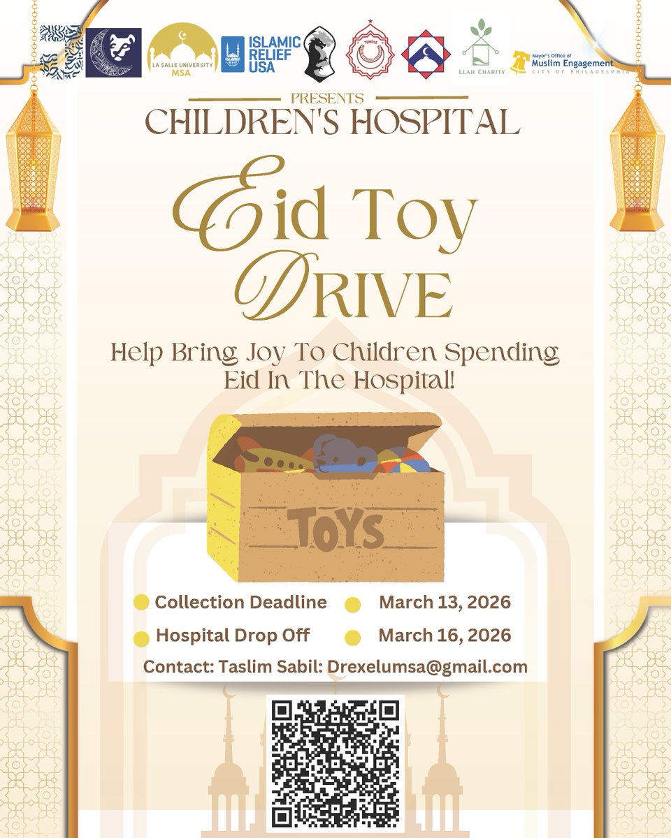 Partnering with Drexel MSA and MSAs across the region for the Children’s Hospital Eid Toy Drive. 

Toy Collection Deadline: March 13, 2026
Hospital Drop-Off: March 16, 2026
Contact: Taslim Sabil: DrexelUMSA@gmail.com

#OnePhilly #RamadanInPhilly