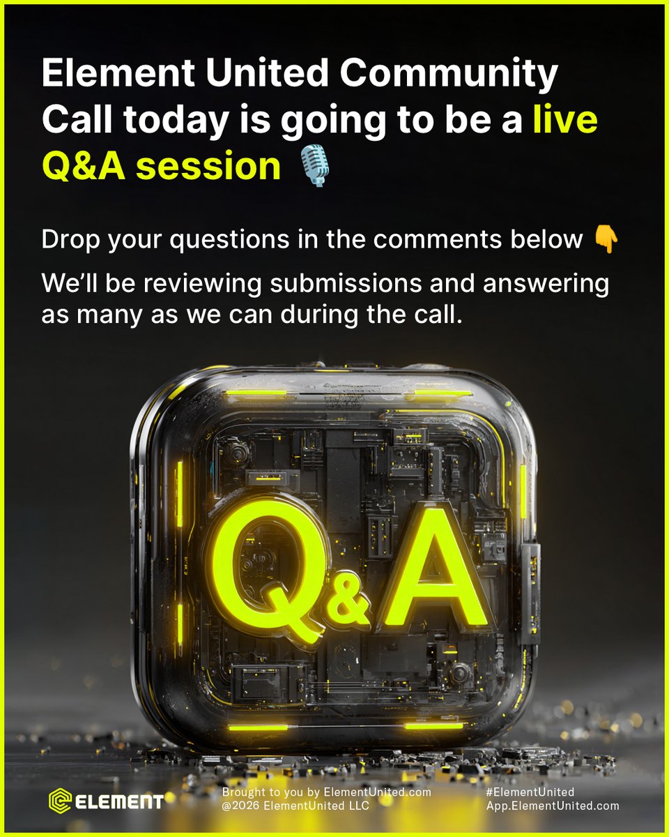 Element United Community Call today is going to be a live Q&amp;A session 🎙️

Drop your questions in the comments below 👇

We’ll be reviewing submissions and answering as many as we can during the call today at 12PM MT.