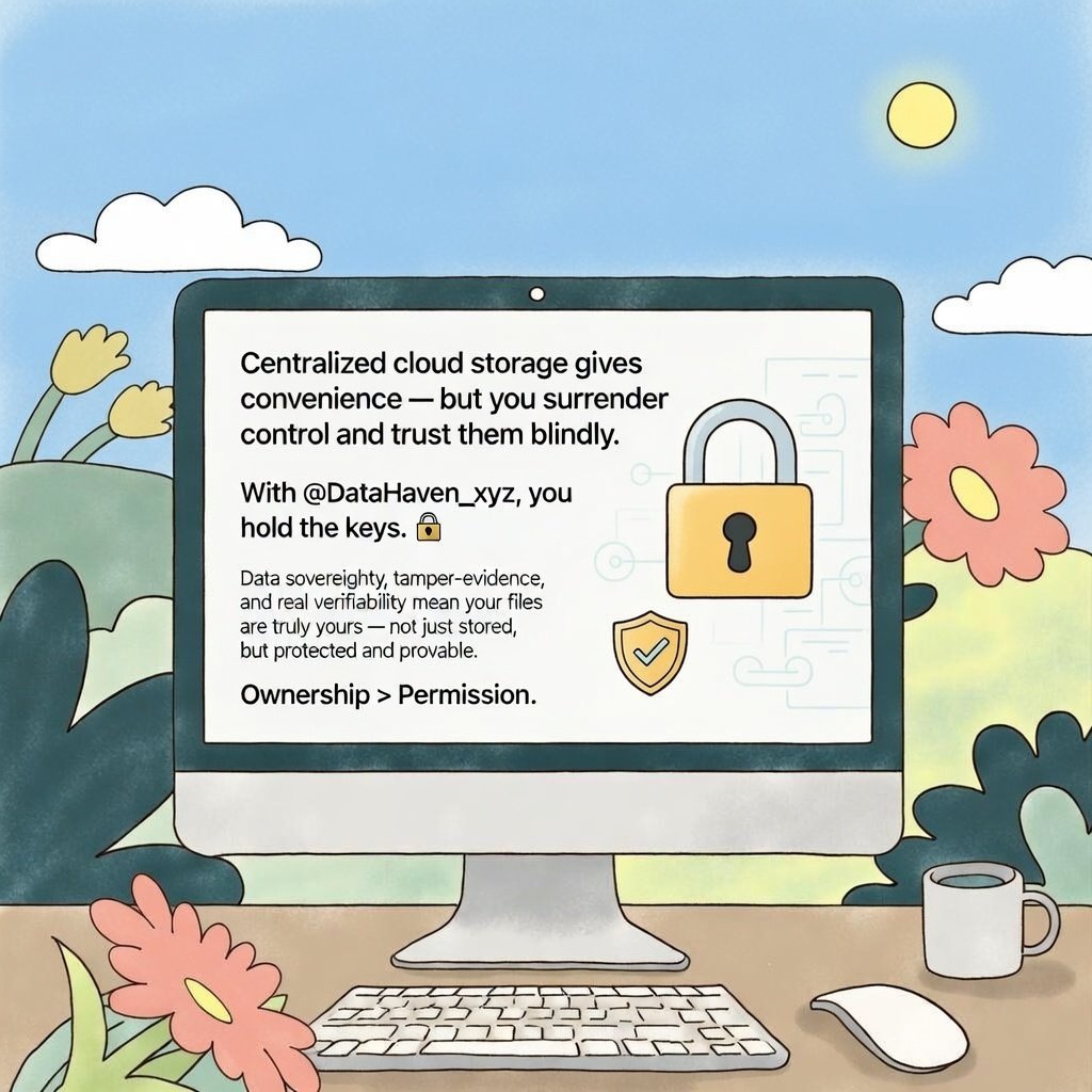 Centralized cloud storage is convenient but you give up control and trust blindly.
With <a href="/DataHaven_xyz/">DataHaven 🫎</a>  you hold the keys. 🔐
Real data sovereignty and verifiability mean your files are truly yours.
Ownership > Permission.