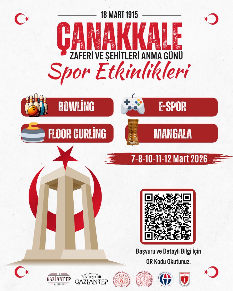 GbbGenclikSpor's tweet photo. 🇹🇷 18 Mart 1915’in ruhunu sporla yaşatıyoruz!
Çanakkale Zaferi ve Şehitleri Anma Günü kapsamında düzenlediğimiz Spor Etkinlikleri ile gençlerimizi bir araya getiriyoruz. 💪🇹🇷
🎳 Bowling
🎮 E-Spor
🥌 Floor Curling
♟ Mangala
📅 7-8-10-11-12 Mart 2026 https://t.co/dD94KQPufl
