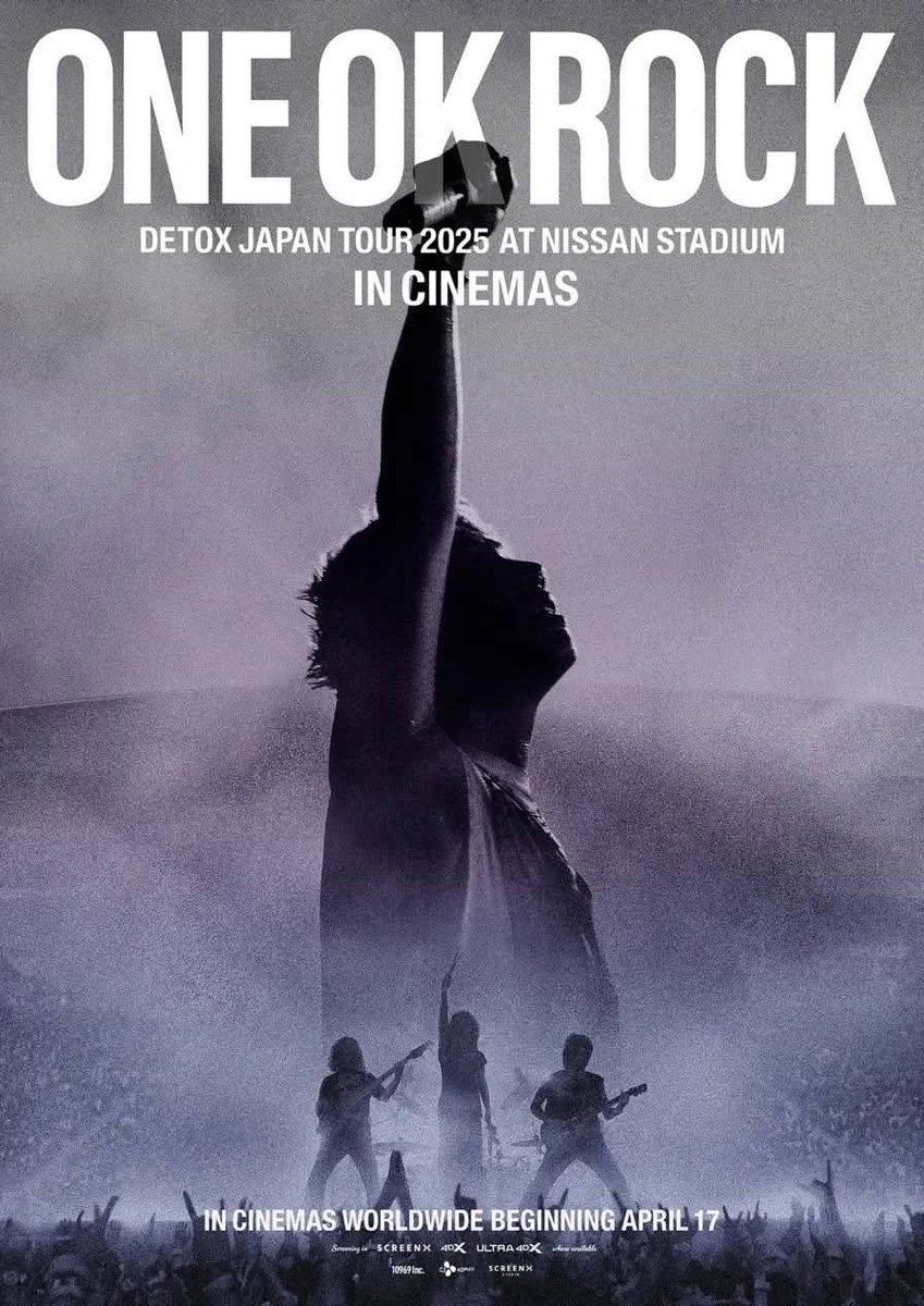 pulpliveworld's tweet photo. Another thing to look forward to, OORer all around the world! 🌎🔥

The legendary ONE OK ROCK DETOX JAPAN TOUR 2025 at Nissan Stadium is coming to cinemas worldwide! 🎥

See a side of @ONEOKROCK_japan you’ve never seen before and experience the power, the emotions, and the massive stadium energy on the big screen starting April 17, 2026. ⚡️

Screenings available in SCREENX, 4DX, and ULTRA 4DX, where available, so you won’t just watch it… you’ll feel it. 🤘

Follow ONE OK ROCK’s official accounts for more details and stay tuned for screening announcements in your country!

#ONEOKROCK #ONEOKROCKCINEMAS #DETOXinCINEMA