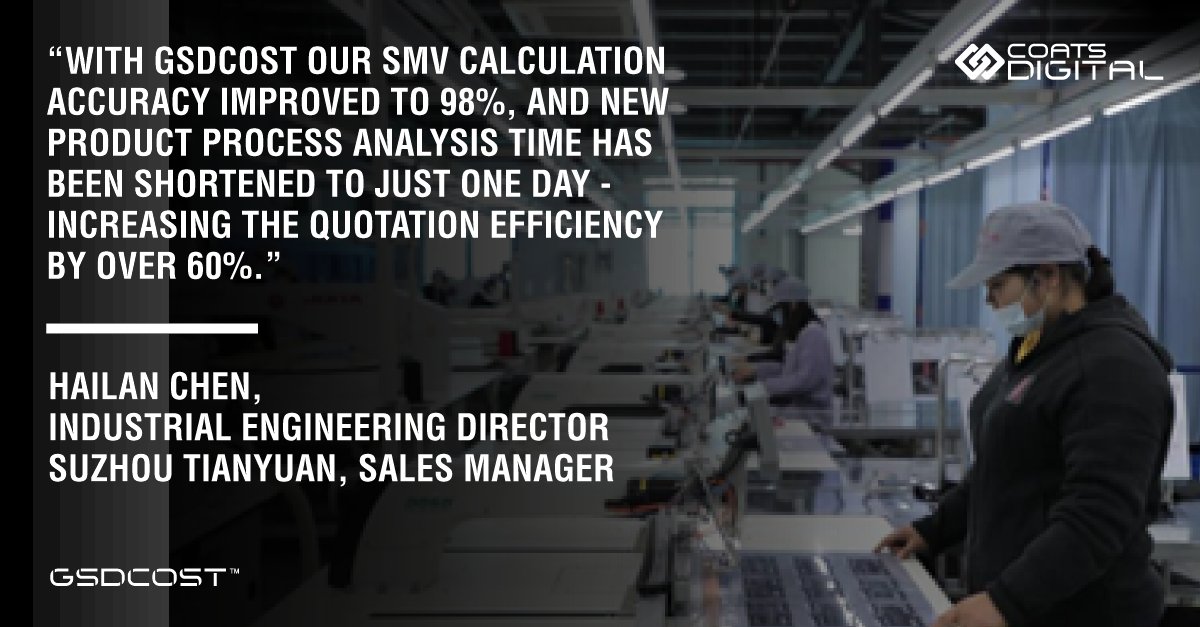 Suzhou TIANYUAN – a leading sportswear manufacturer for global brands such as Adidas, FILA, ANTA, and The North Face -  has achieved remarkable productivity and cost management improvements following the implementation of GSDCost.

Learn more here: eu1.hubs.ly/H0schkj0