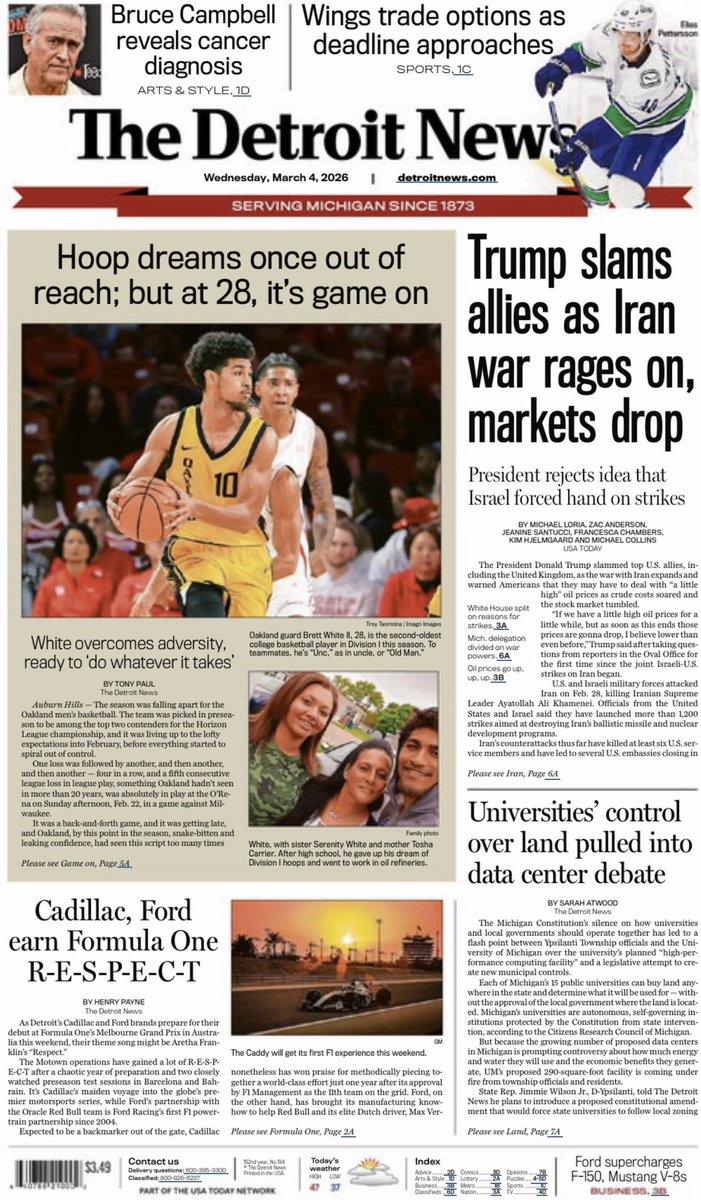 TonyPaul1984's tweet photo. I’m sharing today’s actual front page, just for Brett — who cracked me up when at a recent practice, he kind of bragged, “I know what a newspaper is!” Brett is 28, after all. https://t.co/9WzxQ5sTyH