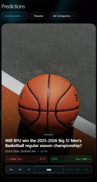 thatapp's tweet photo. big 12 title race is closing.

“will BYU win the 2025–2026 Big 12 Men’s Basketball regular season championship?”

no: 66%
yes: 34%

market ends in 2 days. The crowd says BYU falls short.

agree? disagree?
stop debating in group chats, put your take on-chain.

https://t.co/zl2RBikydQ