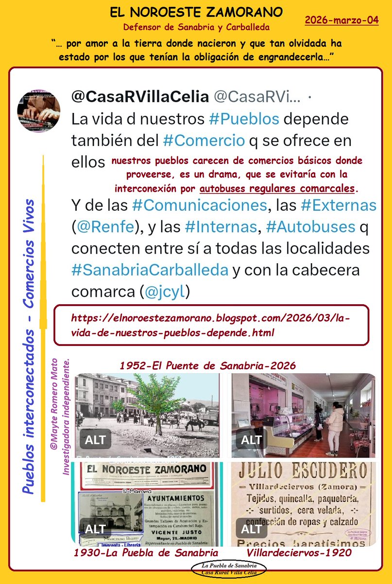 CasaRVillaCelia's tweet photo. @Renfe @jcyl Pueblos interconectados-Comercios Vivos, en #SanabriaYCarballeda (Zamora)
#Comunicaciones #Externas (@Renfe, @transportesgob)
#Internas (@jcyL) q conecten entre sí a todas las localidades d #SanabriaCarballeda y con la cabecera d la comarca
@ahoraDecide
https://t.co/i1eUx0ecJP https://t.co/x7TcDzGvaW