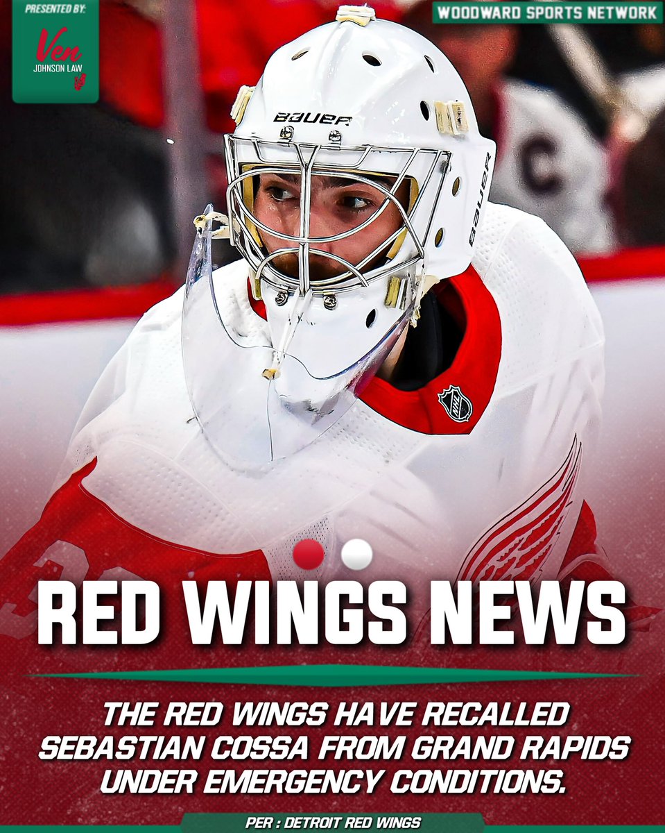 woodwardsports's tweet photo. The Red Wings recalled goaltender Sebastian Cossa from the Grand Rapids Griffins 👀🐙 https://t.co/XmBJLZPvLj