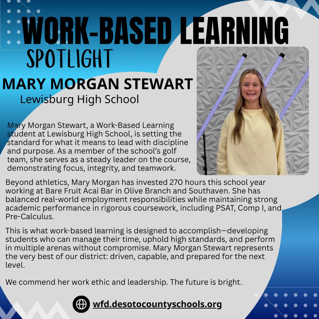 DCS_Workforce's tweet photo. Work-Based Learning Student Spotlight!
Each week, we’re highlighting outstanding students gaining real-world experience through DeSoto County Schools’ Work-Based Learning program. Meet this week’s featured student below! https://t.co/NLfk5mmimH