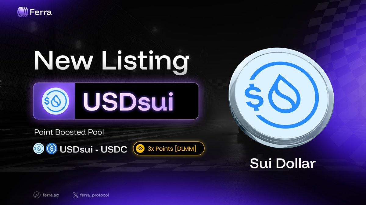 USDsui now listed on Ferra

You can now add liquidity in USDsui - USDC pool &amp; start earning yield &amp; 3x points: ferra.ag/dlmm/0x47c4210…

USDsui is Sui's native stablecoin issued by <a href="/Stablecoin/">Bridge</a>, a @Stripe company.

Built to serve as a foundational stablecoin for <a href="/SuiNetwork/">Sui</a>, it