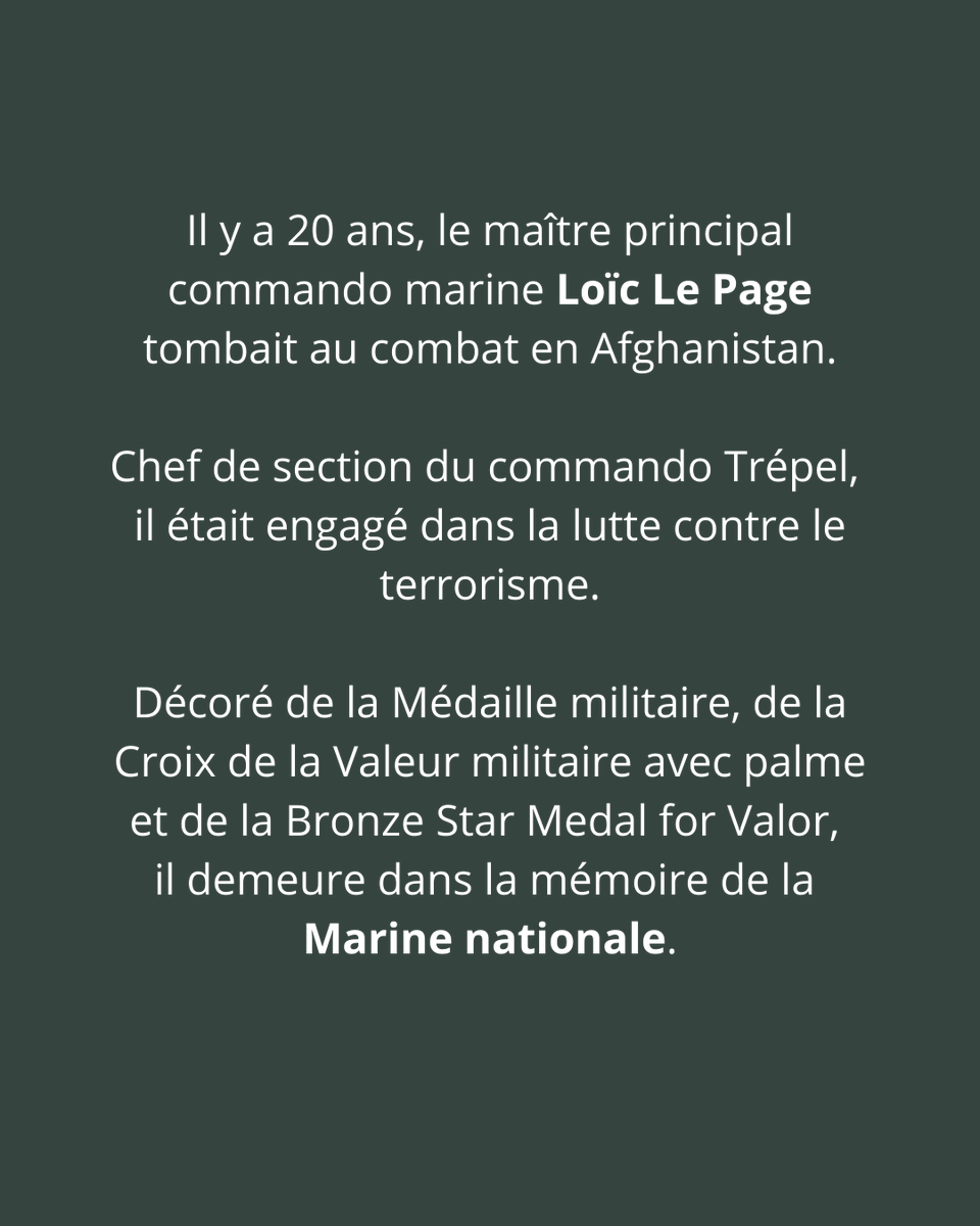 MarineNationale's tweet image. #InMemoriam | Maître principal Loïc Le Page
Le 4 mars 2006, le MP Loïc Le Page, chef de section du commando Trépel, tombait au combat en Afghanistan.  Décoré de la Médaille militaire et de la Croix de la Valeur militaire.  Une coursive du PHA Tonnerre porte son nom.