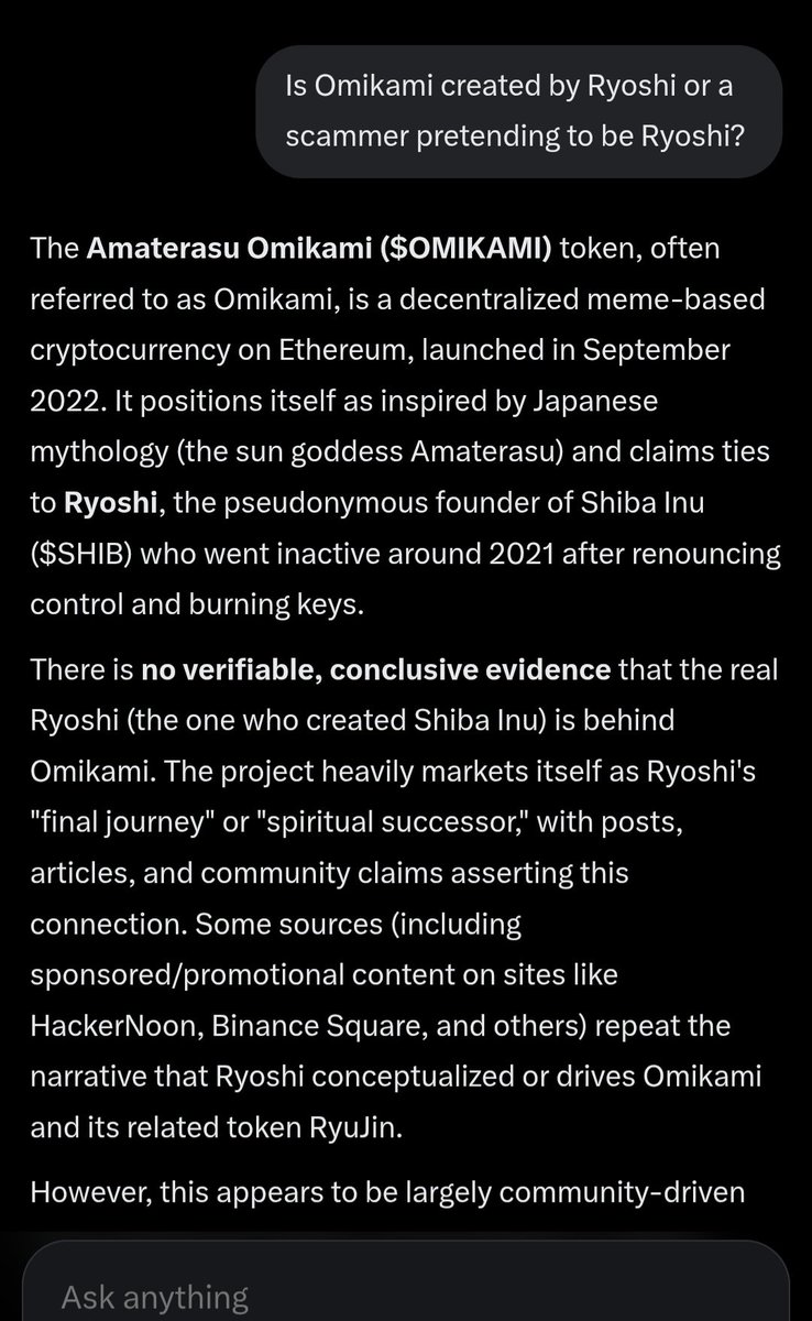 DefiLifeCrypto's tweet photo. @antaricks Oh and here's what Grok also said about Omikami scam if it was really created by Ryoshi or not..

Answer is no. Ryoshi isn't behind the Omikami scam even according to Grok https://t.co/jgF6Blm8le