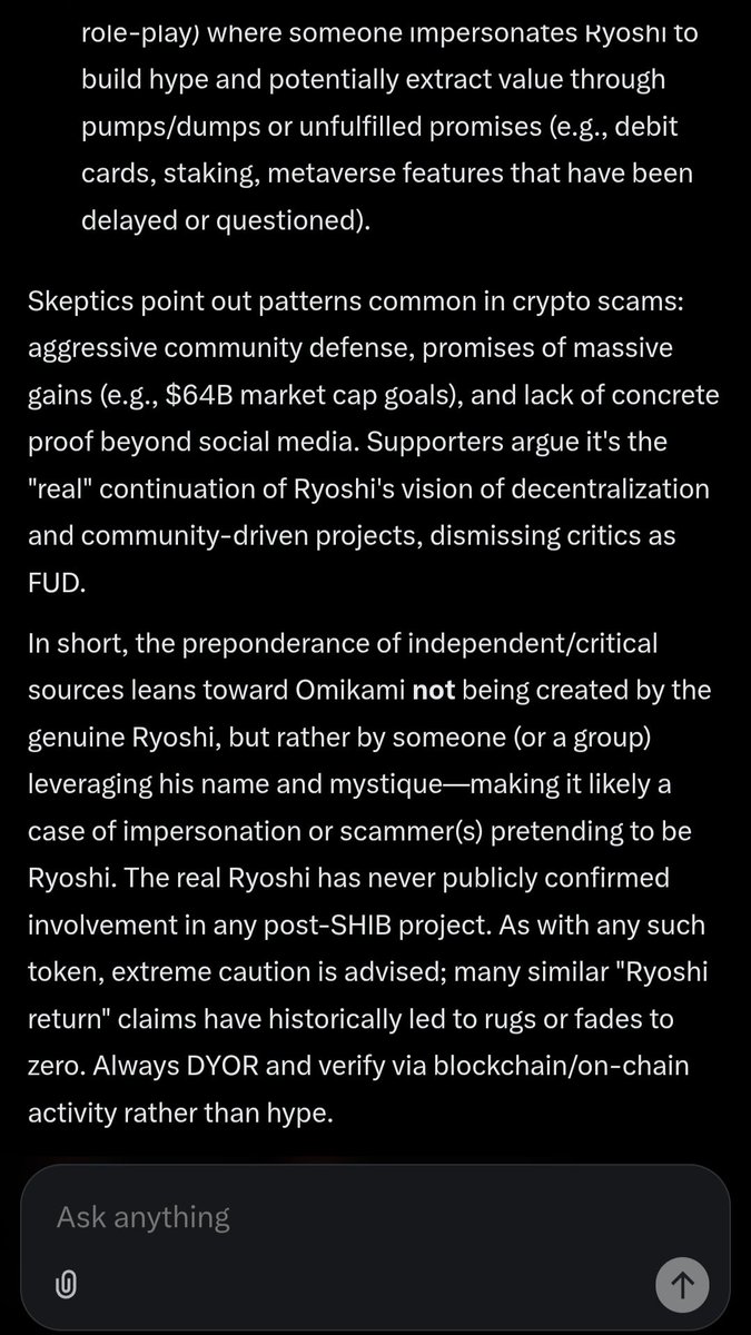 DefiLifeCrypto's tweet photo. @antaricks Oh and here's what Grok also said about Omikami scam if it was really created by Ryoshi or not..

Answer is no. Ryoshi isn't behind the Omikami scam even according to Grok https://t.co/jgF6Blm8le
