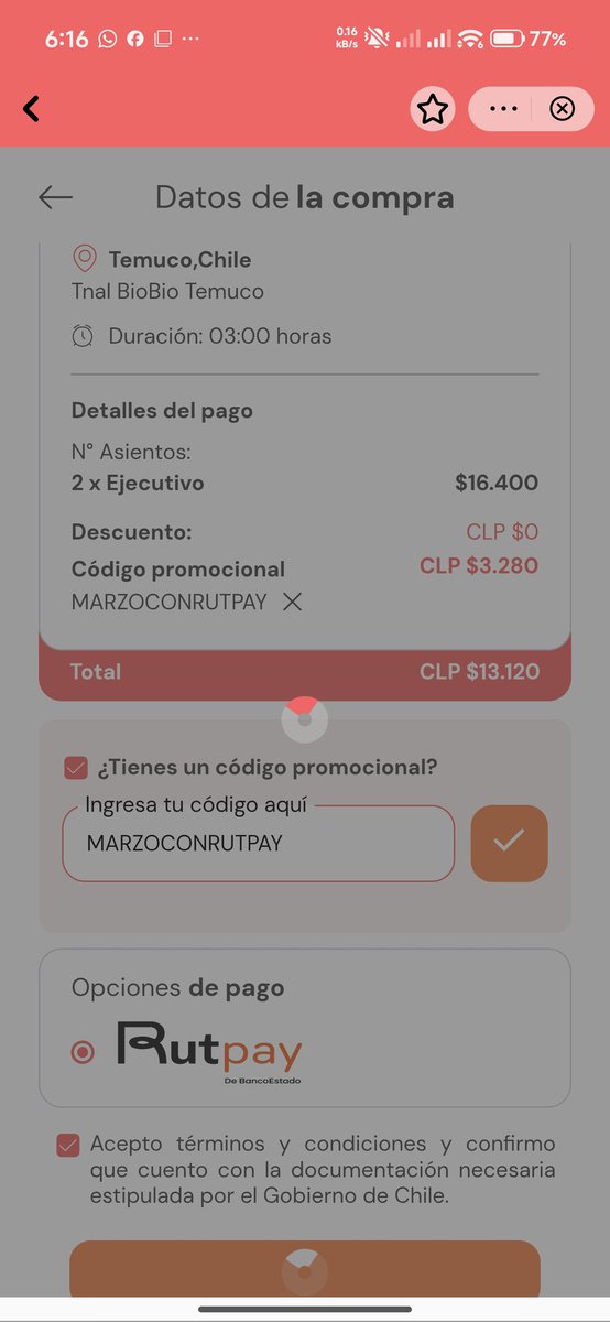 c_antoniop's tweet photo. @kuposapp Es una estafa, cuando intentas pagar con la tarjeta se supone que te envían un código al celular el cual nunca llega, además compré dos veces pagando con Rutpay que tenía un descuento por marzo y me hicieron el cargo y no generaron los pasajes. Llamo al teléfono y nadie contesta https://t.co/N9XbO6TDGr
