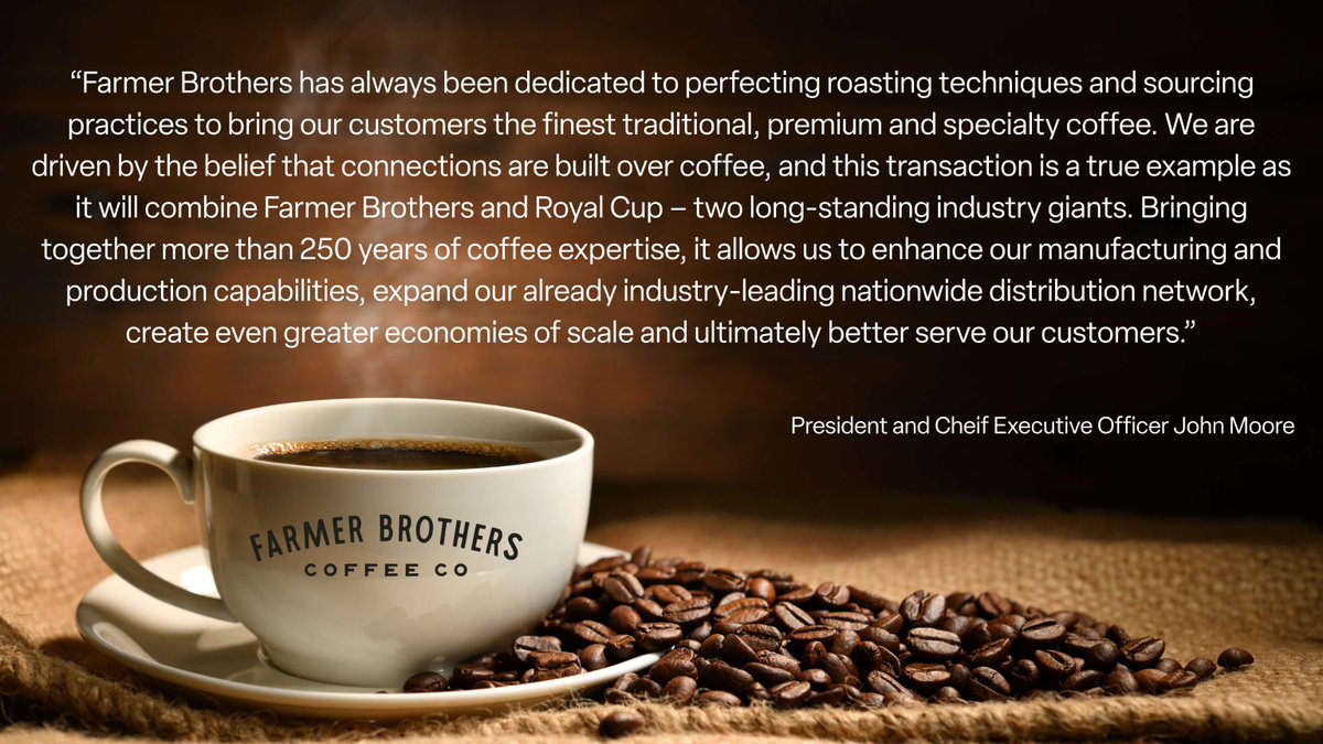 Farmer Brothers has entered into a definitive agreement with Royal Cup in which Royal Cup will acquire all outstanding shares of Farmer Brothers stock for $1.29 per share. As a result, the company will combine with Royal Cup and become a private company. farmerbros.com/farmer-brother…