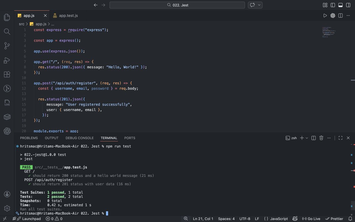 444_dead's tweet photo. Today I learned Jest.

- Unit tests.
- Mocking APIs.
- Async testing.
- Safer refactoring.

Testing isn’t optional.

It’s developer confidence.

@sheryians_  

#JavaScript #Jest #Backend #BuildInPublic https://t.co/ObnY289rVA