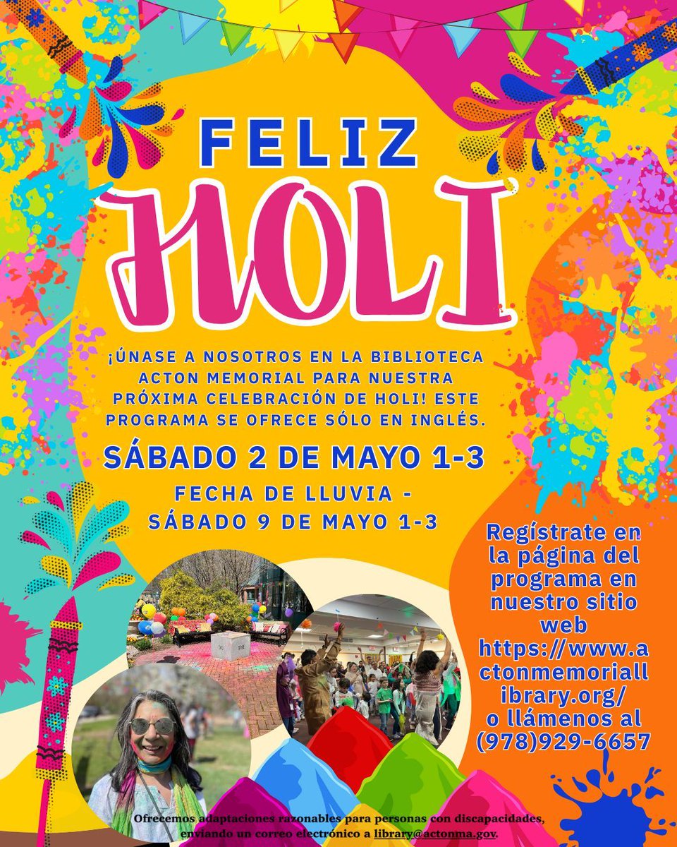 Happy Holi! Join us May 2nd for our annual Holi celebration! Sign up on the program page on our website: …emoriallibrary.assabetinteractive.com/calendar/holi-… 
Reasonable accommodations for people with disabilities can be made upon request by emailing library@actonma.gov.