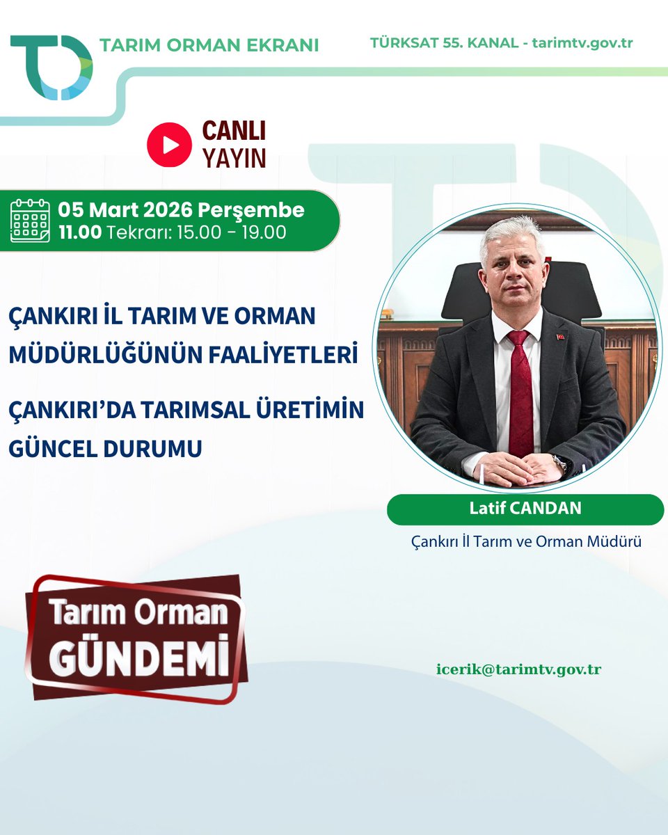 İl Müdürümüz Latif CANDAN 05 Mart 2026 Perşembe günü saat 11.00 de Tarım Orman Ekranında Canlı Yayında.
📡 Uyduda Tarım Orman Ekranı
💻 İnternette: tarimtv.gov.tr’de 

<a href="/TCTarim/">T.C. Tarım ve Orman Bakanlığı</a> <a href="/ibrahimyumakli/">İbrahim Yumaklı</a> <a href="/tobeydb/">Eğitim ve Yayın Dairesi Başkanlığı</a> <a href="/tarimtv/">Tarım TV</a> 
<a href="/lcandan77/">lcanda76</a>