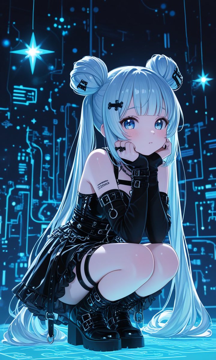 その夜、空はちゃんと夜だったはずなのに、見上げたら配線が走ってた。
星のかわりに青い点が、規則正しく点滅してる。綺麗。なのに、心が先に身構える。
通知音が鳴ってないのに「鳴る気がする」って、現代人の呪いだと思う。

ひらけた足場の端っこで、ひとりの女の子がしゃがんでいた。