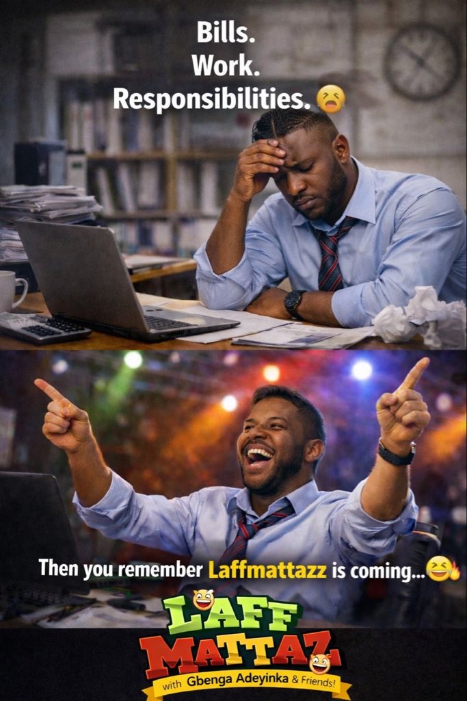 gbengaadeyinka's tweet photo. Adulting is hard…
But believe me, laughter is necessary.
Laffmattazz is coming to Ibadan This
Easter Sunday! 😂🔥
Don’t miss it
#laffmattazzwithgbengaadeyinkaandfriends
gaadeyinkaandfriends
#Laffmattazz
#PremiumHumour
#BuildingStars
#unmissable https://t.co/8hXOwtwrHM