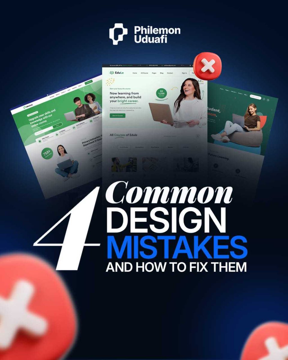 uduafi_philemon's tweet photo. 4 mistakes I see beginners make: 

1. Too many fonts (stick to 2) 

2. Ignoring hierarchy (size matters) 

3. No white space (breathe) 

4. Weak contrast (make it pop) 

Fix these. 
Level up instantly.

#DesignMistakes #UIUXNewbie #DesignTips #BeginnerDesigner  #LearnDesign https://t.co/vpYKSgoY0M