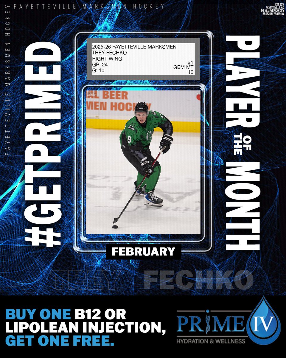 Marksmen_Hockey's tweet photo. Our February #GETPRIMED player of the month is...Trey Fechko!🤩
Stop by Prime IV Hydration & Wellness & take advantage of the Marksmen Fans Special: Buy One B12 or Lipolean Injection, Get One Free at Prime IV!!
#FearTheFox🦊 https://t.co/pOWptoE5zw