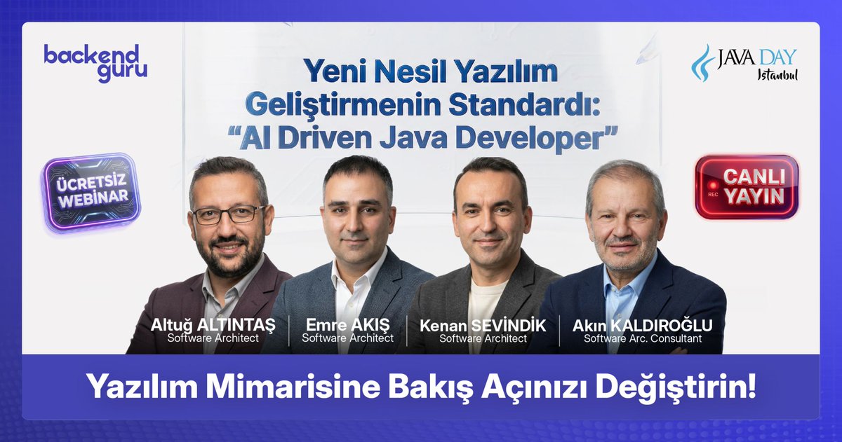 javadayistanbul's tweet photo. AI Driven Java Developer’a Dönüşmek için
Bilmen Gereken 3 Kritik Süreç:

1️⃣ AI-Driven SDLC
2️⃣ Spec-Driven Development
3️⃣ LLM-Powered Unit Testing

AI kullanmak artık yeterli değil.
Süreçleri dönüştürmek gerekiyor.

Kod yazma biçimi değişiyor.
Süreç değişiyor.
Standart değişiyor.

Bu dönüşümün arkasındaki yaklaşımı ve gerçek kullanım senaryolarını, @Backendguru_  iş birliğiyle gerçekleştirdiğimiz Ücretsiz Webinar’da canlı olarak ele alacağız.

Konuşmacılar:
Altuğ ALTINTAŞ @altugaltintas
Emre AKIŞ @akisemre
Kenan SEVİNDİK @KenanSevindik
Akın KALDIROĞLU @kaldiroglu

NOT: Zoom Webinar kontenjanı sınırlıdır.
Bu nedenle Canlı yayında sorularını doğrudan sormak için, hemen yerini ayırt.

🔗https://t.co/AY2SJBke2Q