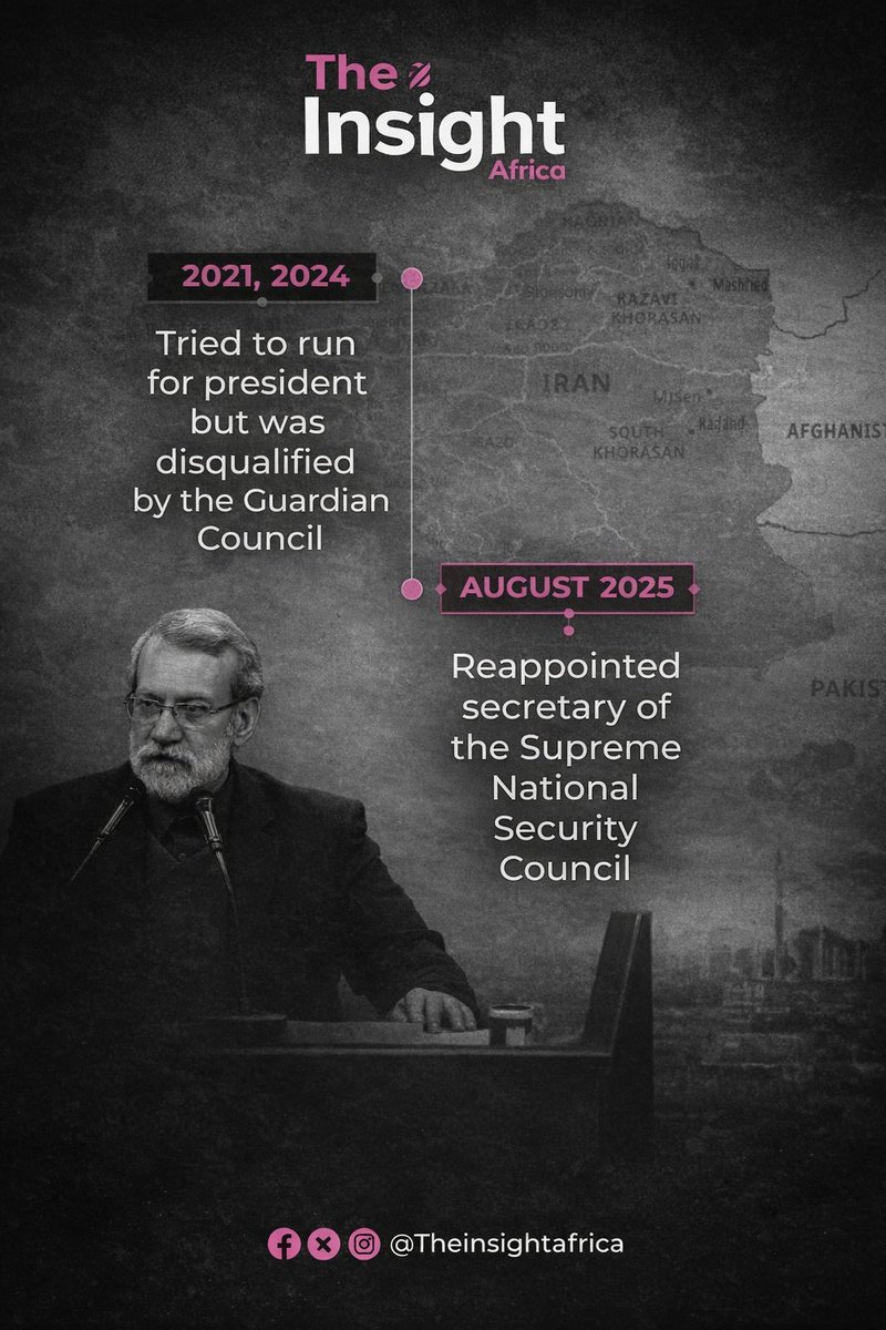 InsightThe415's tweet photo. Ali Larijani, a veteran Iranian politician and former parliament speaker, is once again at the center of Iran’s political scene. Coming from the powerful Larijani family, he has held key positions including Secretary of Iran’s Supreme National Security Council and Speaker of Parliament for over a decade.
Known as a pragmatic conservative, Larijani played a major role in securing parliamentary approval for the 2015 nuclear deal and has been involved in indirect diplomatic channels with the United States. His long career in Iran’s security, media, and political institutions makes him one of the most influential figures within the Iranian establishment.
With rising tensions in the region, many analysts see Larijani as a figure capable of navigating complex negotiations while maintaining Iran’s strategic interests.
#AliLarijani #Iran #IranPolitics #MiddleEast #Geopolitics #WorldNews #Diplomacy #TheInsightAfrica