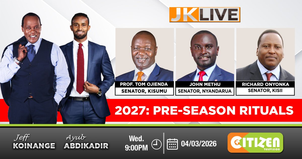 citizentvkenya's tweet image. Tonight on #JKLive, @KoinangeJeff  and @AyubAbdikadir host Kisumu Senator Prof Tom Ojienda, Nyandarua Senator John Methu and Kisii Senator Richard Onyonka on the 2027 pre-season rituals

Join the discourse from 9 pm