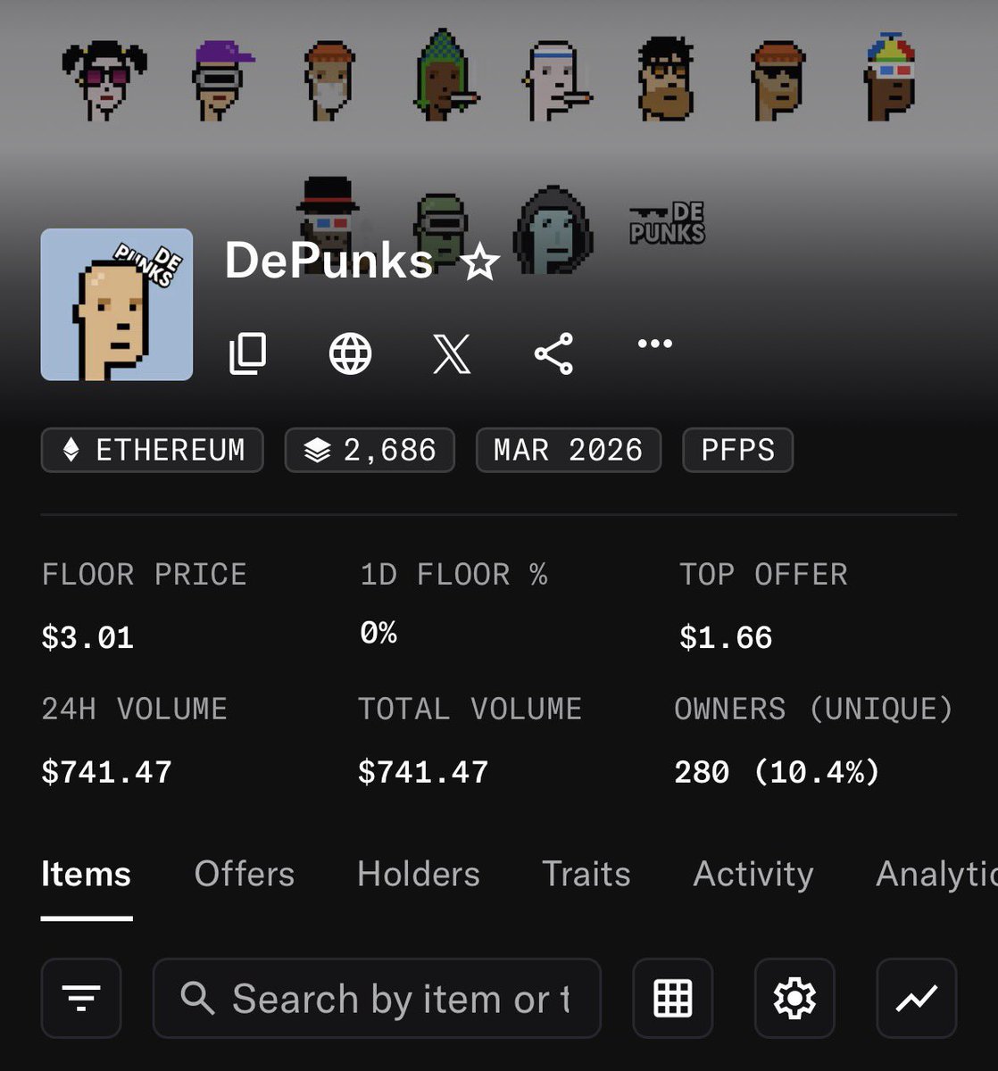 Free mint on ETH 

- Supply: 10,000
- Mint Date: Ongoing 

Public mint is happening in less than 5 hours 

Follow <a href="/depunksClub/">DePunks</a> &amp; <a href="/foogyla/">foogy</a> 

Secondary at $3

Let’s see if we can get some tickets for the community 

Like and Rt