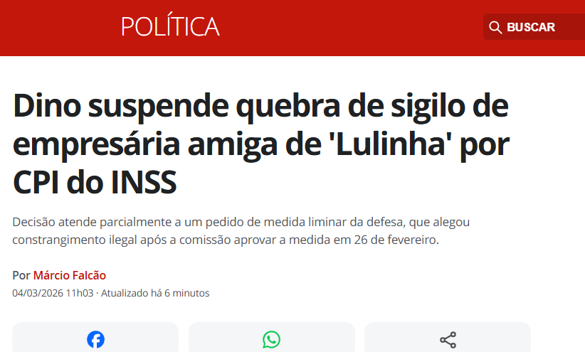 Flávio Dino suspende quebra de sigilo de empresária Roberta Luchsinger, amiga de Lulinha

Eu seria contra, se a CPI tivesse aprovado as outras 20 solicitações de pedidos  que eles ignoraram, mas não é o caso.
