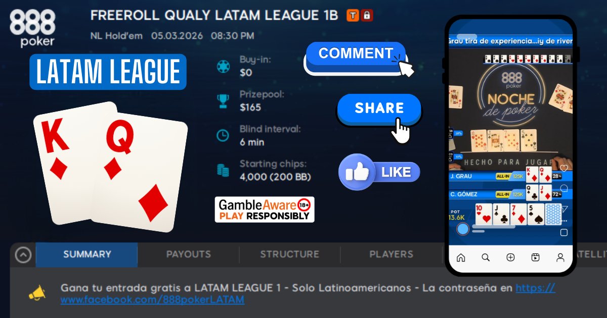 Contraseña para el Freeroll Qualy 1B de hoy JUEVES con 50 tickets para clasificar a la FECHA 1 LATAM LEAGUE del lunes 9 de marzo. Para recibirla por mensaje privado solo debes realizar estos 3 pasos:
1 - Dale ME GUSTA ❤️
2 - Comparte
3 - Comenta con: Cuántos OUTS tenía GRAU en