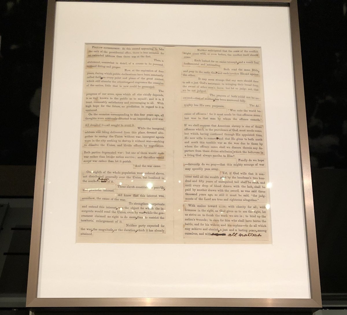 mlynchhist's tweet photo. Lincoln read from this copy of his second inaugural address #OnThisDay in 1865. It’s on exhibit at @librarycongress (or at least it was as of three weeks ago). https://t.co/IP1EEqoSXe