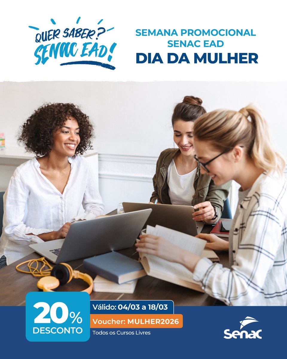 #DiadaMulher com desconto especial no #SenacEAD! De 04 a 18/03, você garante 20% de desconto nos #Cursos Livres EAD. 🎟️Use o voucher: MULHER2026 ✨ Aprenda no seu ritm✨Cursos 100% online e flexíveis✨Conhecimento que abre novas oportunidades 👉Confira: ead.senac.br/cursos-livres/