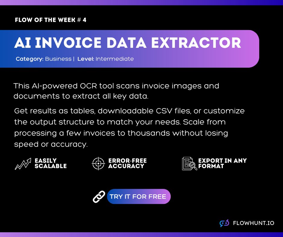 This week's Flow (#4) is for finance, accounting, and HR teams who need their time back. 💼
Upload any invoice image, and watch AI-powered OCR extract every detail into clean data. 
Try it out for free: flowhunt.io/ai-tools/invoi…